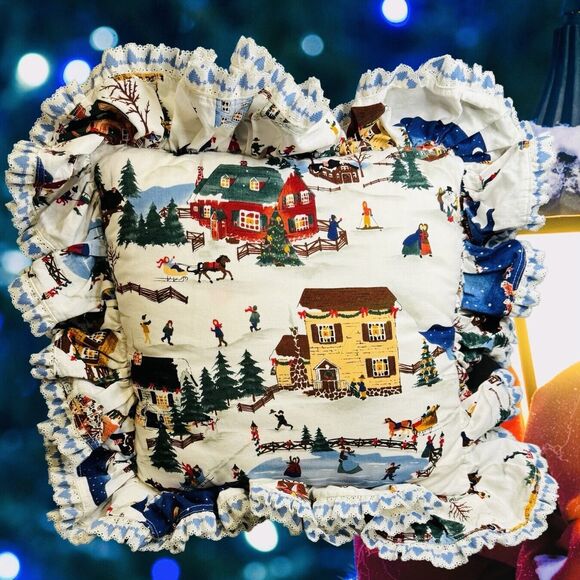 Vintage Pillow Winter Scene Christmas Ruffled Border 20” x 20” Handmade by Diane - Picture 5 of 6